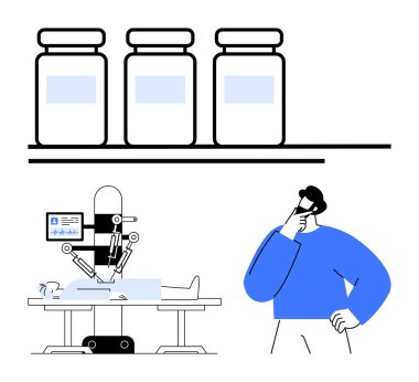 Robotik sistem hassas cerrahi, araştırmacı analiz süreci, ve ilaç geliştirmek için üç şişe. Sağlık, yenilik, teknoloji, yapay zeka, araştırma, ameliyat ve gelecek için ideal