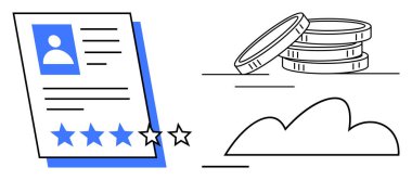 Dört yıldızlı profil kartı ödülleri sembolize eden madeni paralar ve teknoloji için soyut bulutlar. İş, finans, incelemeler, dijital veriler, teknoloji, profil sistemi değerlendirmesi için ideal