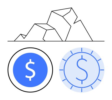 Madencilik, kripto para birimi ve zenginliği temsil eden dolar işaretli iki madeni para grafiğinin üzerinde geometrik kaya oluşumu. Finans, yatırım, blok zinciri, fintech, ekonomi, tasarruf dairesi için ideal
