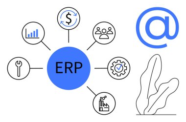 ERP merkezi veri ve işlem simgelerini birleştirerek finans, ekip, analitik, araçlar, imalat ve iş akışını destekler. İş, teknoloji, otomasyon üretkenlik planlama iletişimi için ideal