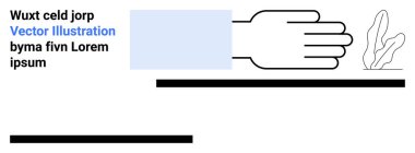 Açık el, soyut çizgili elementlere ve dekoratif bir bitkiye uzanıyor. Takım çalışması, yaratıcılık, denge, refah, destek, asgari tasarım, basit iniş sayfası için ideal