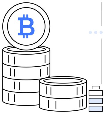 İçinde kripto para logosu, minimal bar çizelgesi ve veri göstergeleri olan Bitcoin paraları istiflenmiş. Engelleme zinciri, ticaret, dijital finans, yatırım, fintech, kripto ekonomi düz metafor için ideal
