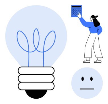 Büyük ampul yaratıcı fikirleri temsil eder, hesap makinesindeki bireysel analiz verileri, ifade için nötr ifadeleri. Yenilik, hesaplama, mantık, duygular, iş çözümleri ve strateji için ideal