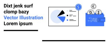 Para, avro ve bitcoin olarak işaretlenmiş cüzdan ile birlikte veri içgörüleri ile birlikte pasta grafiği. Analiz, bütçe, fintech, kripto para birimi, e-ticaret, yatırım sade iniş sayfası için ideal