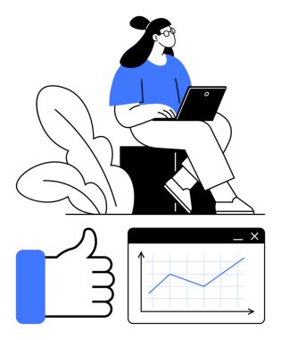 Bitkilerin yanında oturan dizüstü bilgisayar kullanan bir kadın, analitik çizelge, onay işareti. Üretkenlik, büyüme, onay, pazarlama, analitik profesyonellik eğitimi için ideal. Basit bir metafor.