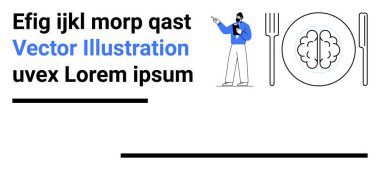 Adam mesajı işaret ediyor, beyni çatal ve bıçakla tabakta. Eğitim, beyin fırtınası, bilgi, yaratıcılık, yenilik, öğrenme, basit iniş sayfası için ideal