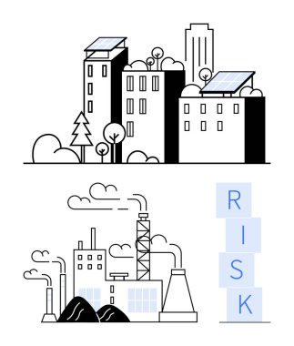 Güneş panelleri, ağaçları, duman, kömür yığınları ve RISK blokları yayan fabrikaları olan kentsel binalar. Sürdürülebilirlik, yenilenebilir enerji, kentsel planlama, endüstriyel riskler çevre kirliliği için ideal