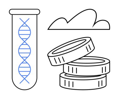 Test tüpündeki DNA ipliği, bozuk para yığını ve bulut anahatlarının birleştirilmesi biyoteknoloji, yenilik, araştırma fonu, yatırım, bulut depolama, veri güvenliği ve sağlık kavramları. Basit bir daire.