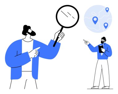 Coğrafi verileri inceleyen iki kişi, biri bir büyüteç tutuyor, diğeri de haritadaki konumları analiz ediyor. Araştırma, navigasyon, takım çalışması, planlama, keşif ve analitik için ideal