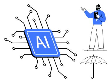 Merkezi yapay zeka çipi, devre hatları dallanıp budaklanmış, iş adamı elinde bir pano, şemsiye ile öne bakıyor. Teknoloji, yapay zeka, yenilik, koruma, analiz ve karar verme süreci için idealdir. Düz