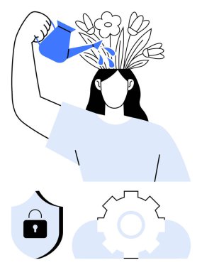 Kafasından filizlenen çiçeklerin üzerine su döken kadın büyümeyi, yaratıcılığı ve refahı temsil ediyor. Kilit ve dişli bulut ikonuna sahip kalkanlar güvenliği, kendine bakımı ve yeniliği simgeler. Kişisel için ideal