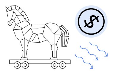Geometrik Truva atı betimlemesi bir daire içinde dolar işareti ve alçalan oklarla eşleştirildi. Ekonomik manipülasyon, siber güvenlik riski, gizli tehditler, dolandırıcılık, finansal kayıp, dolandırıcılık, daire