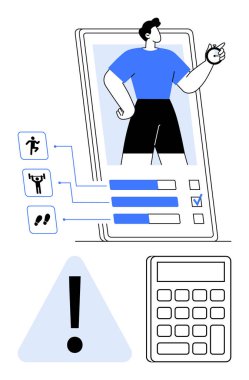 Kişiyle birlikte dijital fitness izleyicisi, ilerleme çubukları, aktivite simgeleri, uyarı ve hesap makinesi. Fitness izleme, sağlık yönetimi, hedef belirleme, motivasyon zamanı yönetim uygulaması arayüzü için ideal