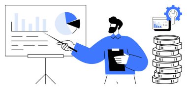 Adam çizelge ve grafiklerle iş büyümesini açıklıyor. Madeni para ve dişli ikonu finansal planlamayı ve optimizasyonu vurguluyor. Finans, analiz, strateji, istatistik ve büyüme için ideal