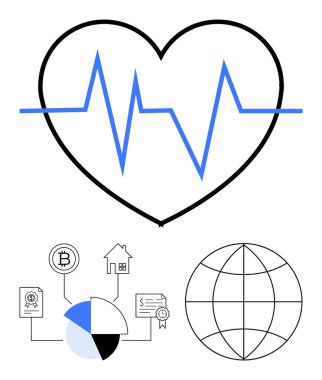 Kalp atışlarının içinde küre, pasta grafiği ve kripto para, gayrimenkul ve sertifika simgeleri olan kalp atışları. Sağlık hizmetleri, finansal planlama, yenilik, küresel teknolojik varlıklar için ideal