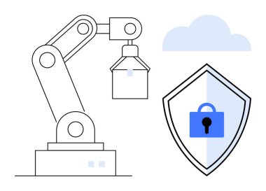 Robot kol kutuyu kaldırıyor, kalkan mavi kilitli, bulut. Teknoloji, otomasyon, siber güvenlik, endüstri, bulut depolama veri koruma yeniliği için ideal. Soyut çizgi düz metafor