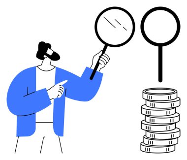 Büyüteç ve bozuk para yığınını kullanarak finans kavramını inceleyen kişi. İş, denetim, analiz, araştırma, ekonomi, finansal planlama ve odaklanma konuları için idealdir. Düz basit metafor