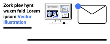 Bir zarf simgesinin yanında güvenlikle ilgili görüntü ve analizleri gösteren bir bilgisayar. Siber güvenlik, veri koruması, e-posta iletişimi, bilgi sistemleri, çevrimiçi mahremiyet, dijital