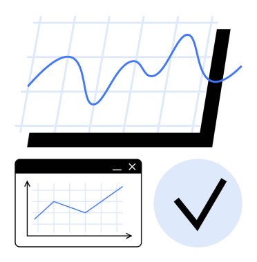 Bir ızgarada mavi çizelge, siyah çizelge ekseni, tarayıcı pencere grafiği, daire şeklinde işaretleme işareti. Veri analizi, büyüme, araştırma ve iş stratejisi için ideal ilerleme eğilimi görselleştirme eğilimi. Düz