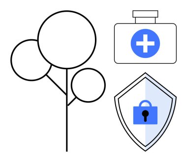 Üç dairesel yapraklı minimalist çizgili sanat ağacı, haçlı ilk yardım çantası, kilitli kalkan. Sağlık, güvenlik, güvenlik, çevre koruma, veri koruma, sağlık hizmetleri için ideal