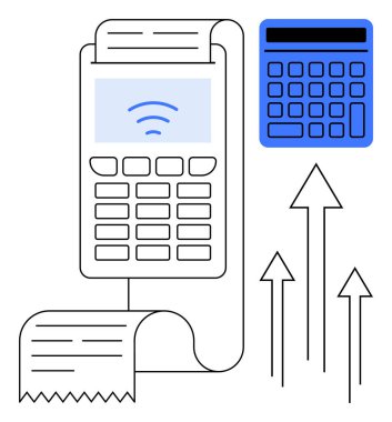 Ödeme terminali yazdırma makbuzu, kablosuz bağlantı sembolü, hesap makinesi vurgulandı. Finans, iş büyümesi, perakende, ödemeler, e-ticaret bütçe muhasebesi için ideal. Düz basit metafor