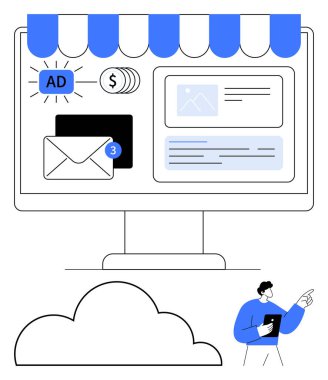 Dijital reklamlar, e-posta bildirimleri ve ödeme simgeleri ile çevrimiçi pazarlama araçlarını gösteren bilgisayar monitörü. Çevrimiçi iş, reklam, e-posta pazarlama, e-ticaret, analitik, bulut