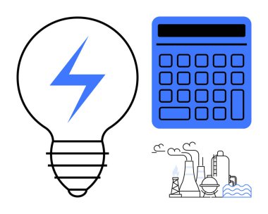 Yıldırımlı ampul, hesap makinesi ve duman yayan fabrika. Enerji yönetimi için ideal, sürdürülebilirlik, endüstriyel analiz, yenilik, güç çözümleri, ekolojik farkındalık düz