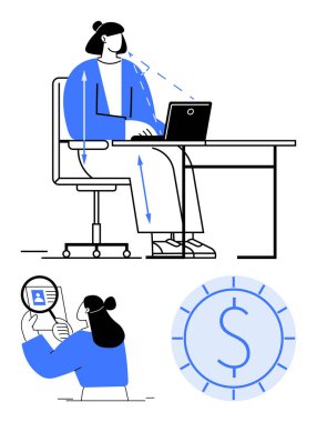 Masada düzgün bir duruş sergileyen biri, kimliği inceleyen bir kadın, saat işareti simgesi. Üretkenlik, uzaktan çalışma, kimlik, verimlilik, ergonomik zaman yönetimi için idealdir. Temiz daire