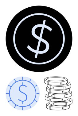Siyah bir dairede gösterilen dolar işaretleri, dijital para şeklinde ana hatları ve birikmiş para yığını. Finans, ekonomi, dijital ödemeler, bütçe, zenginlik, tasarruf ve kâr temaları için ideal sade