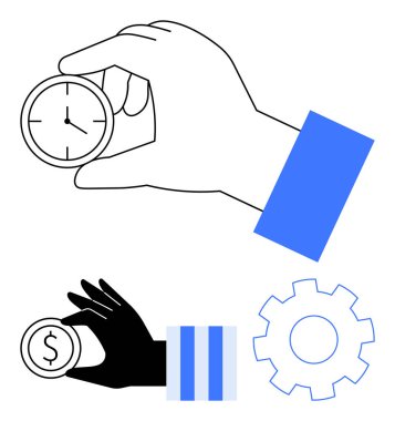 Saati simgeleyen el ele tutuşan saat, ikinci el madeni para değeri, üretkenlik için teçhizat. Zaman yönetimi, finans, iş, verimlilik, takım çalışması verimlilik planı için idealdir. Düz