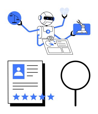 Çoklu kol kontrol ölçeğine, ampullere, robotlara ve yapay zekanın çok yönlülüğünü gösteren raporlara sahip robot. Teknoloji, yenilik, otomasyon, robot karar verme etkinliği için idealdir.