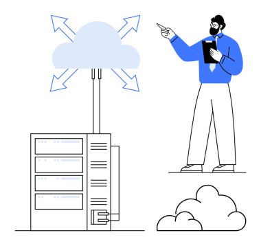 Oklar vasıtasıyla sunuculara bağlı bir bulut, profesyonel bir tablet. Bulut hesaplama, veri depolama, bilişim çözümleri, ağ oluşturma, dijital dönüşüm, danışmanlık, düz basit