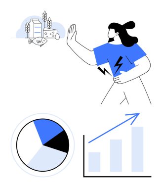 Pasta grafiği ve çubuk grafiğinin yanında sağlıksız yiyeceklerden kaçınan kadın yaşam belirtileri gösteriyor. Sağlık, beslenme, sağlık, zindelik, kendini kontrol, ilerleme takibi ve motivasyon için ideal