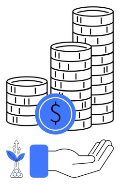 Bir dolar işareti, açık el ikonu ve bitki büyümesi olan bozuk para yığınları. Finans, yatırım, tasarruf, ekonomik büyüme, sürdürülebilirlik refah yönetimi girişimi başarısı için idealdir. Düz basit metafor