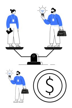 Finansal kaynaklara karşı fikirleri sembolize eden ampul ve evrak çantalarıyla dengede duran iki profesyonel. Takım çalışması, yenilik, eşitlik, strateji, ticaret, takas, düz basit