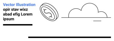 Yatay siyah çizgileri olan, temiz minimalist tarzda bir bulutun yanında hareket halindeki sikke. Finans, tasarruf, yatırım, fintech, ilerleme, minimalizm, basit iniş sayfası için ideal