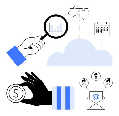 Grafikteki büyüteç, bulmaca parçaları, takvim, bulut, dolar parası, e-posta ve profil simgeleri. İşbirliği, üretkenlik stratejisi, finansal analiz planlama bağlantıları için ideal. Düz
