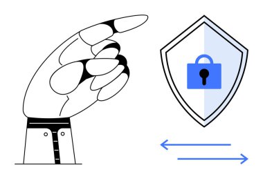 El, asma kilit ve çift yönlü oklarla bir güvenlik kalkanını işaret ediyor. Siber güvenlik, veri koruması, çevrimiçi güvenlik, gizlilik, dijital güvenlik, şifreleme, sistem bütünlüğü için ideal