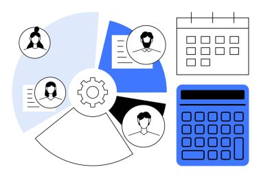 Kullanıcı profilleri, vites sembolü, takvim ve hesap makinesine sahip dairesel tablo işbirliği, zamanlama ve analizi vurgular. Üretkenlik, yönetim, takım planlaması iş akışı için ideal