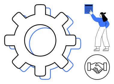 Süreci temsil eden büyük dişli, analitik için hesap makinesi tutan iş kadını, ortaklık için tokalaşma. Takım çalışması, işlemler, karar verme, iş stratejisi, sorun çözme için ideal