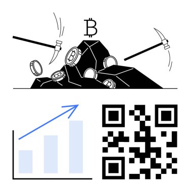 Kazmalarla birlikte madenden çıkan bitcoin paraları, büyümeyi gösteren yükselen bar grafiği ve dijital ödemeleri temsil eden bir QR kodu. Kripto para birimi, madencilik, engelleme zinciri ve finans için ideal