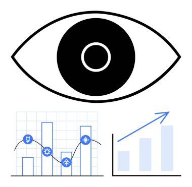 Yükselen grafikler ve analitik araçların diyagramlarıyla büyük bir göz. Veri izleme, iş stratejisi, piyasa değerlendirmesi, üretkenlik, tahmin, ilerleme izleme, düz basit metafor