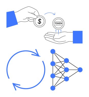 Jeton için dolar değişimi, sinirsel ağ bağlantıları, dairesel oklar. Engelleme zinciri, kripto para birimi, yapay zeka, fintech, yenilikçi işlem döngüsü teknolojisi için ideal. Düz basit metafor