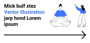 İki kadın, biri meditasyon yapıyor, diğeri de siyah ve mavi renkte. Yatay bir ok özelliği var. Refah, rehberlik, planlama, farkındalık, eğitim, navigasyon için ideal basit iniş