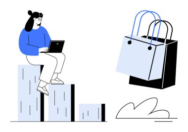 Bar grafiğinde oturan bir kadın dizüstü bilgisayarda çalışıyor, alışveriş poşetlerinin yanında, küçük bir bitki ikonu. E-ticaret, çevrimiçi alışveriş, veri analizi, iş büyümesi, perakende eğilimleri, dijital