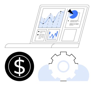 Dizüstü bilgisayarda grafikler, pasta grafiği, analitik dolar işareti ve teçhizat var. Mali planlama, iş stratejisi, veri analizi, teknoloji, ekonomi, yatırım ve işlemler için ideal