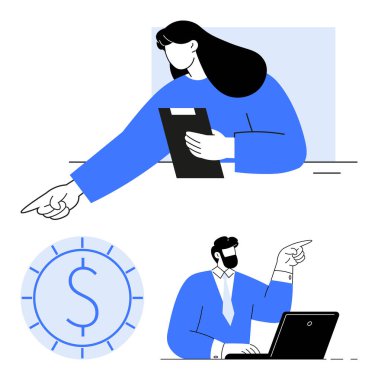 Dizüstü bilgisayarı olan bir adam ve bir dolar simgesine göre çerçevelenmiş panosu tartışmayı gösteren bir kadın. Takım çalışması, finans, karar verme, kurumsal hedefler, strateji planlaması, liderlik için ideal. Düz basit