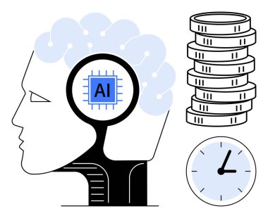 Beyninde yapay zeka mikroçipi olan insan kafası, ağ bağlantıları, birikmiş bozuk paralar ve saat. Teknoloji, verimlilik, finans, yenilikçi zaman yönetimi AI ilerleme kavramları için idealdir. Düz basit