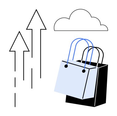 Yukarı bakan üç siyah okun yanında mavi saplı alışveriş çantası ve bir bulut. E-ticaret, pazar eğilimleri, perakende büyümesi, çevrimiçi alışveriş, tüketici davranışı ve ekonomik ilerleme için ideal