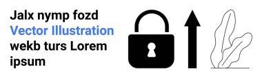 Yukarı doğru ok çizimi ve soyut bitkinin yanında siyah kilit simgesi. Metin tutucu yukarıda. Güvenlik, ilerleme, mahremiyet, büyüme, iş geliştirme, basit iniş sayfası için ideal